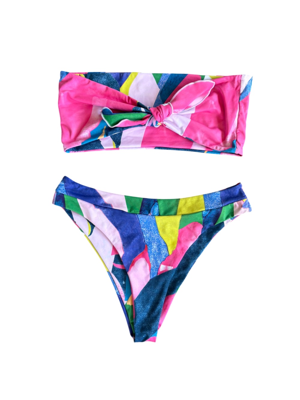 Abstract Multicolor Tie Front Bandeau Bikini Set Size L